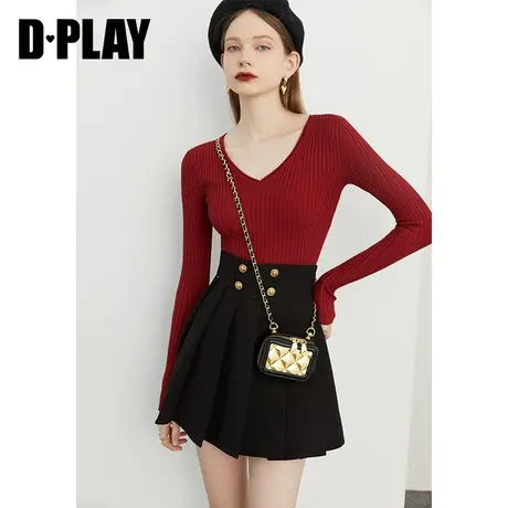 DPLAY【惠品】秋新铁锈红V领软糯亲肤修身长袖针织打底衫商品大图