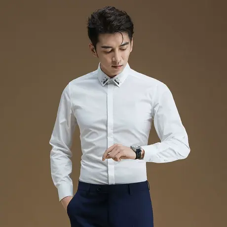 男士长袖衬衫领子刺绣时尚韩版修身设计感商务休闲暗门襟白色衬衣商品大图
