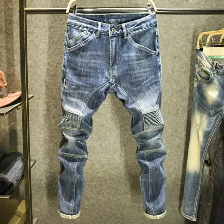 高端水洗牛仔裤男款拉链拼接修身长裤蓝色潮牌美式机车小直筒裤子商品大图