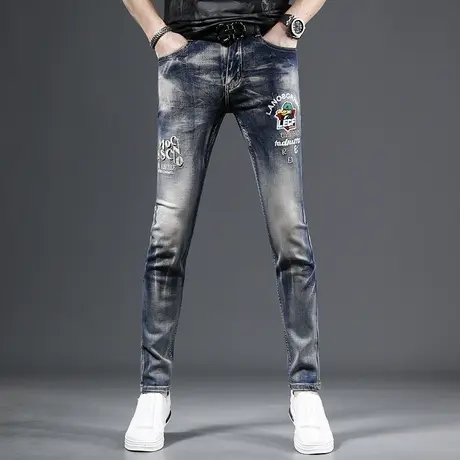 蓝色牛仔裤男2023夏季新款潮牌个性刺绣修身小脚弹力百搭男士裤子商品大图