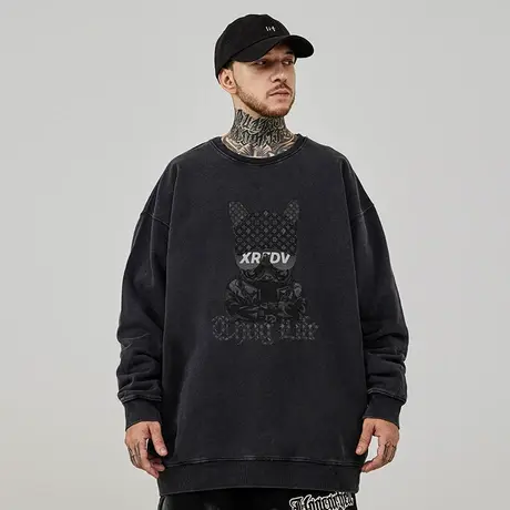 美式重磅大码无帽复古潮牌胖子男装春秋款宽松水洗做旧圆领卫衣男商品大图