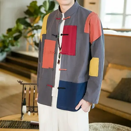 春秋季男中国风盘扣夹克大码个性撞色长袖衣服棉麻潮乞丐外套上衣图片