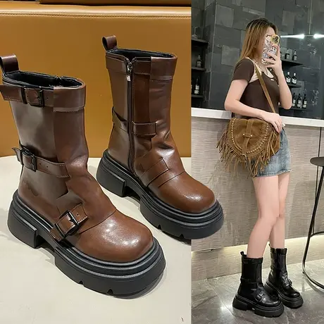 粗跟马丁靴女2023秋季新款带扣百搭西部靴英伦风厚底休闲增高短靴图片