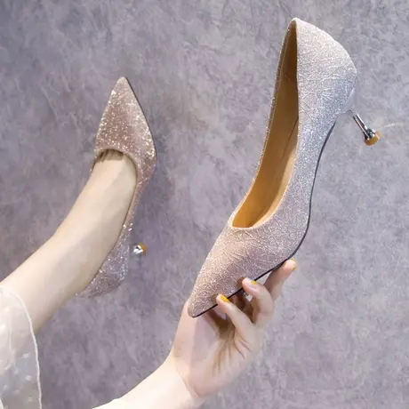 鞋子女2023新款夏季时尚尖头浅口伴娘鞋性感细跟网红高跟鞋女单鞋商品大图