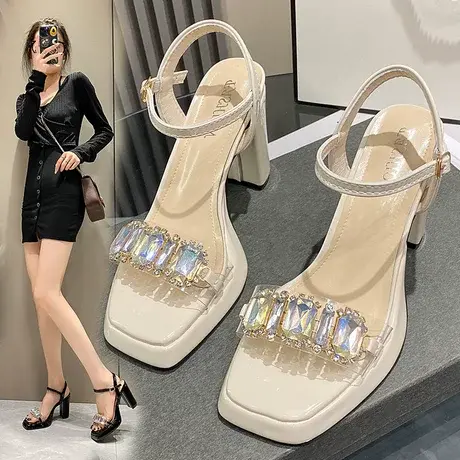 小个子不累脚高跟鞋女凉鞋2023夏季新款透明设计感水钻凉鞋外穿商品大图