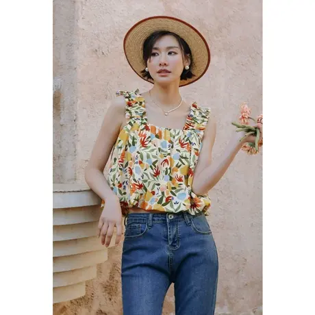 弥古法式雪纺碎花背心女夏季外穿宽肩带波西米亚度假吊带短款上衣图片