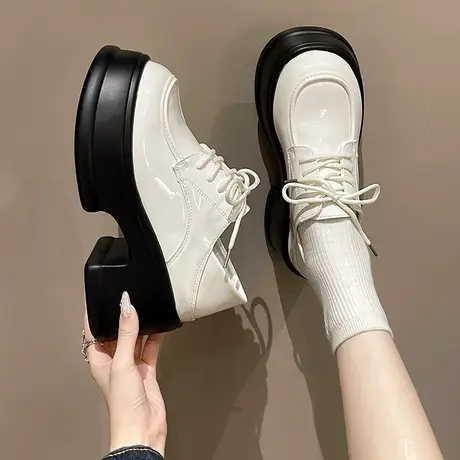 黑色厚底小皮鞋女秋季粗跟一脚蹬皮鞋女款圆头高跟鞋乐福鞋单鞋子商品大图