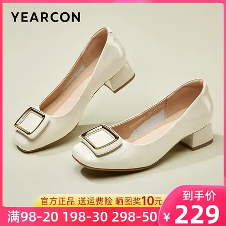 意尔康女鞋2023年秋季新款方头浅口真皮小皮鞋女中跟粗跟漆皮单鞋商品大图