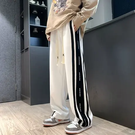 条纹裤子男春秋款潮牌直筒垂感宽松卫裤潮流百搭阔腿休闲运动长裤商品大图