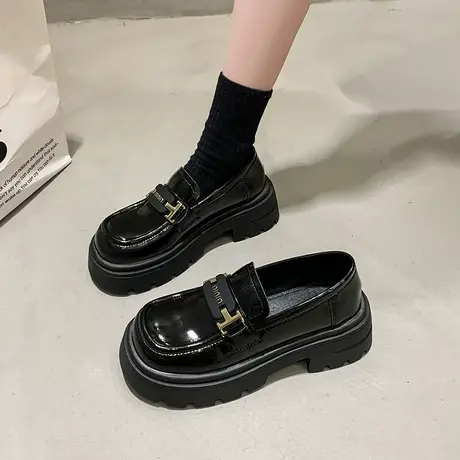 一脚蹬黑色乐福鞋女2024年春秋季新款复古英伦风厚底粗跟小皮鞋潮商品大图