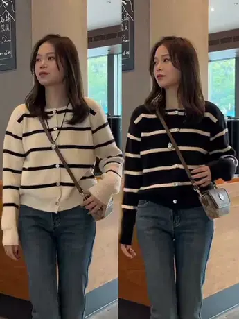 2023年秋装新款法式小香风毛衣外套女设计感小众条纹针织开衫上衣商品大图