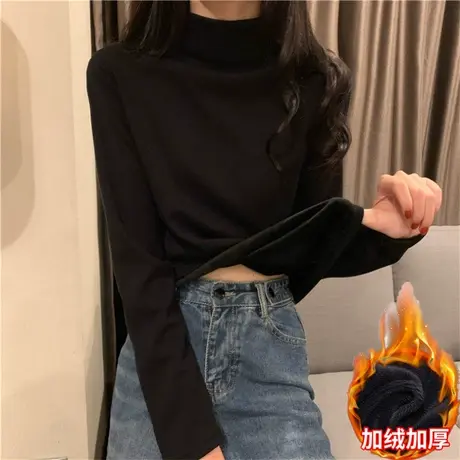 加厚加绒长袖T恤女春秋冬2023新款德绒洋气内搭半高领打底衫上衣商品大图