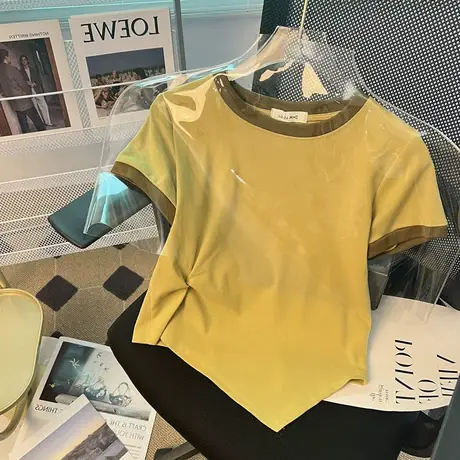 2023新款设计感小众不规则独特别致上衣服短款正肩短袖t恤女夏季图片