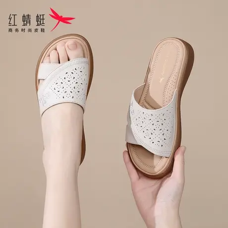 红蜻蜓女士平底厚底一字拖拖鞋女2025新款外穿夏季凉拖鞋真皮妈妈商品大图