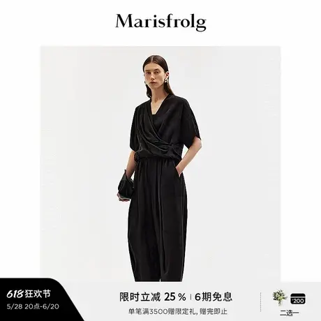 【经典廓形】玛丝菲尔夏时尚松紧腰头宽松休闲黑色长裤女商品大图