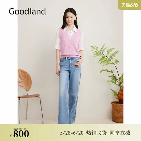 Goodland美地秋季甜感拼接撞色提花假两件套头毛针织衫商品大图