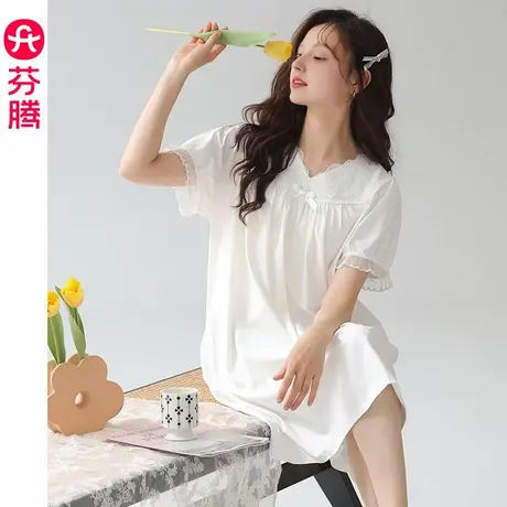 芬腾纯棉睡裙女夏季薄款透气短袖睡衣中裙女款简约休闲大码家居服图片