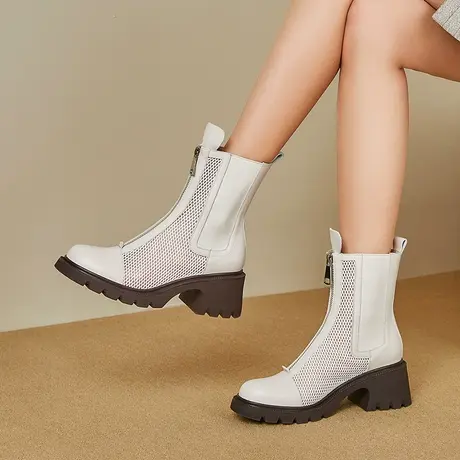 夏季新款欧美风真皮时尚网靴粗高跟圆头气质百搭网纱透气款鞋子女商品大图