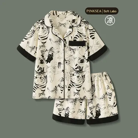睡衣女款2025新款夏季可爱萌猫短袖凉感纯棉家居服可外穿大码套装商品大图
