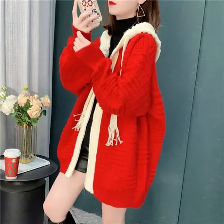 中长款加厚连帽毛衣开衫女春装2023年新款韩版宽松慵懒风针织外套商品大图
