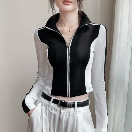 歌倍尚翻领拼色长袖上衣女2025春季新款别致修身设计感拉链短外套商品大图