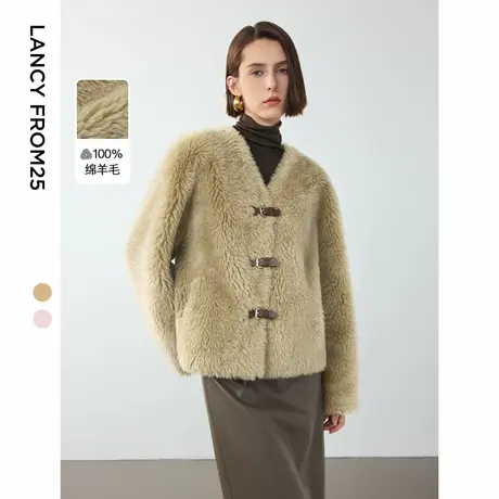 朗姿纯羊毛廓形短款高级感气质大衣外套女士2024年冬季新款仿皮草图片