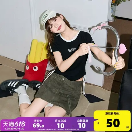 唐狮2025夏季女新款黑色短袖T恤收腰显瘦休闲上衣穿搭减龄甜辣风商品大图