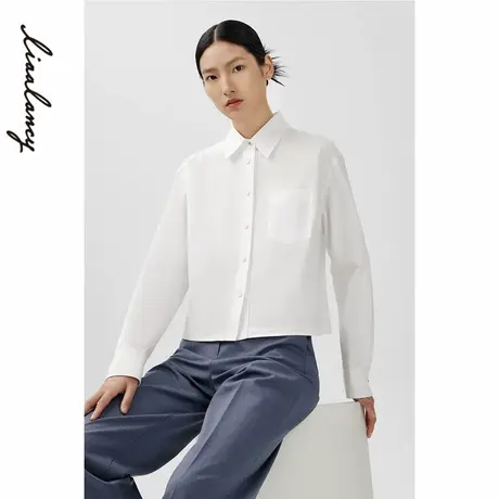 LANCY/朗姿2024春季新款简约百搭纯棉白衬衫女长袖短款通勤风上衣图片
