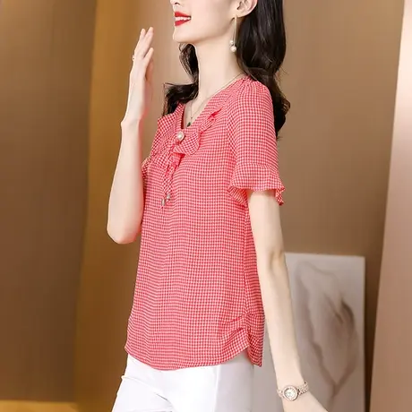 格子雪纺衫女短袖夏天季2023新款碎花漂亮小衫收腰洋气遮肚子上衣图片