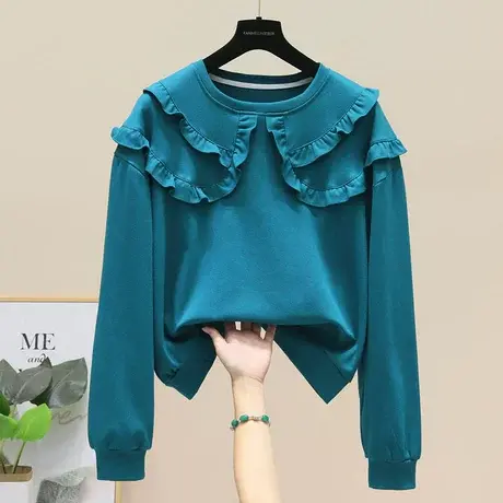 卫衣女春秋季韩版宽松2023新款设计感bf慵懒风圆领荷叶边洋气上衣商品大图