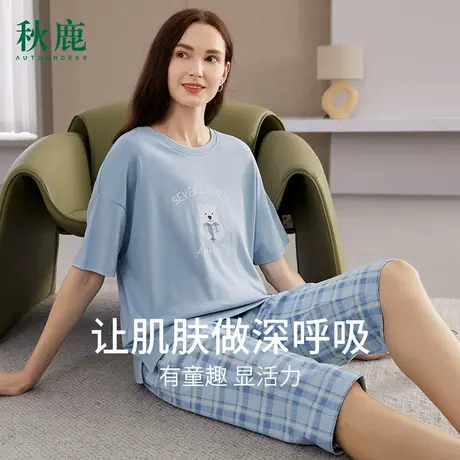 秋鹿【清仓仅剩M码】睡衣女夏季薄款纯棉卡通短袖七分裤女士全棉商品大图