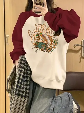 插肩袖圆领卫衣女秋冬加绒加厚小个子美式复古潮牌高级感无帽上衣商品大图