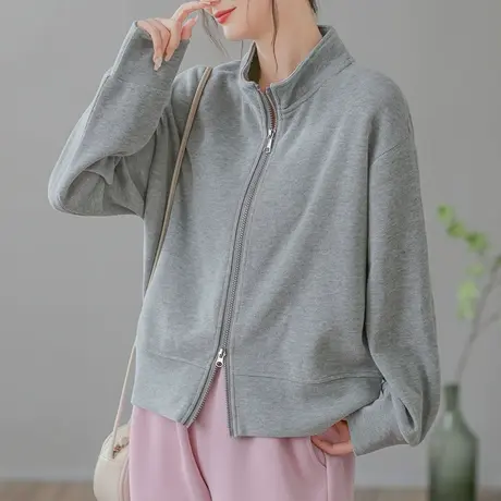 dza 复古宽松立领纯棉运动卫衣女士春秋休闲运动拉链外套长袖上衣图片