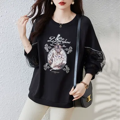 胖妈妈蕾丝网纱拼接长袖卫衣女春秋季宽松加大码女装休闲显瘦上衣商品大图