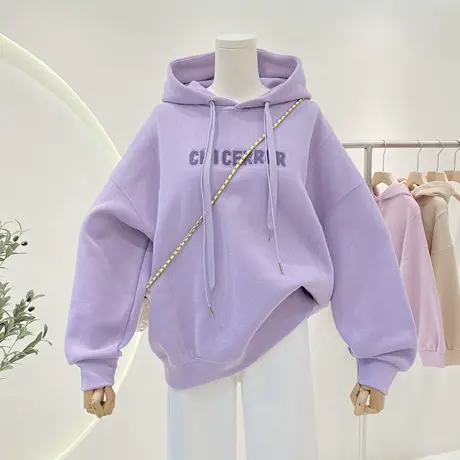 春秋新款2023年百搭简约贴补字母复合宽松大版连帽卫衣女上衣外套商品大图