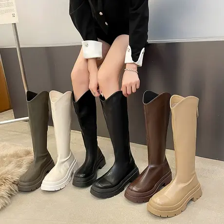 不过膝长筒靴女秋冬2022新款加绒保暖高筒棉靴法式厚底V口骑士靴图片