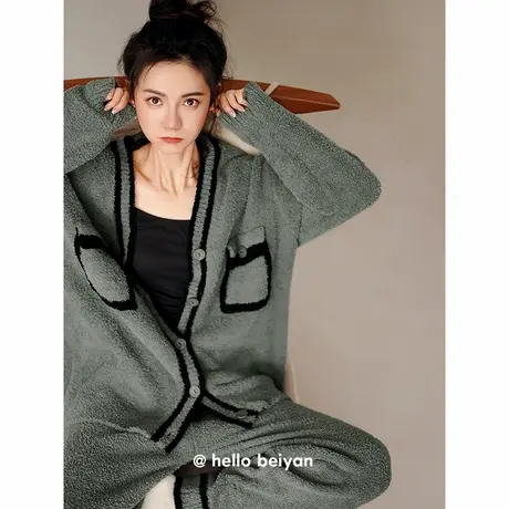贝妍秋冬季新款珊瑚绒睡衣女复古灰绿色开衫保暖半边绒家居服套装商品大图