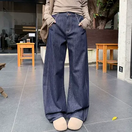 尔给阔腿牛仔裤女秋冬款显瘦宽松直筒长裤女弯刀裤商品大图