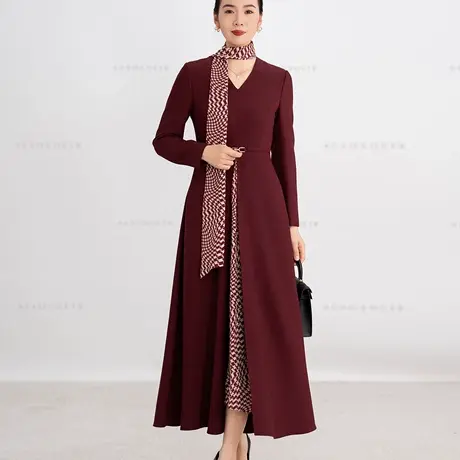 酒红色喜婆婆婚宴装2025秋季新款时尚气质假两件中长款长袖修身裙图片
