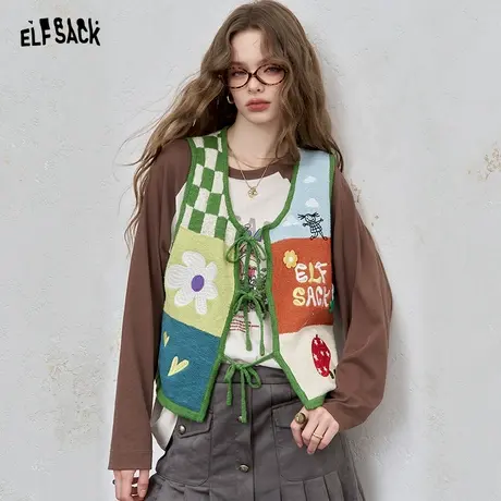 妖精的口袋森系撞色刺绣针织马甲女2025早秋新款外搭叠穿薄款坎肩商品大图