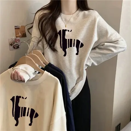 秋冬季加绒加厚圆领无帽卫衣女宽松显瘦百搭慵懒风上衣外套潮牌商品大图