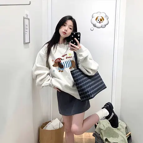 新款宽松圆领卫衣女早秋韩版加绒加厚慵懒风初中长袖外套上衣潮牌商品大图
