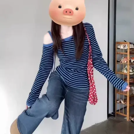 露肩条纹韩系漂亮小上衣早秋超好看单穿修身斜肩长袖t恤女ins潮牌商品大图