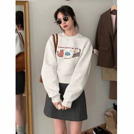 短款卫衣女无帽2025新款早秋薄款韩系chic别致圆领百搭白灰色上衣商品大图
