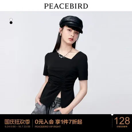 太平鸟设计感抽皱上衣女短袖夏新款洋气别致修身短款T恤衫小香风图片