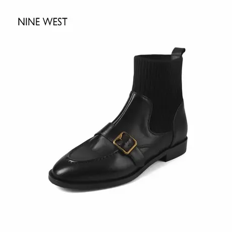 奥莱专供Nine West/玖熙针织拼接皮鞋复古短靴女法式瘦瘦靴马丁靴图片