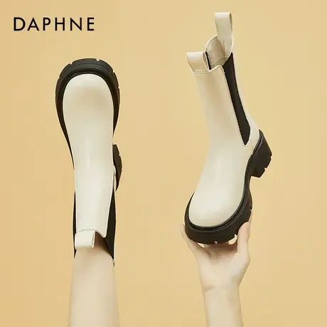 达芙妮白色切尔西靴女冬季2026新款加绒靴子中筒靴马丁靴烟筒短靴图片