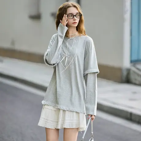 唐狮秋季新款长袖T恤女韩版爱心假两件拼接蕾丝花边宽松上衣TM商品大图