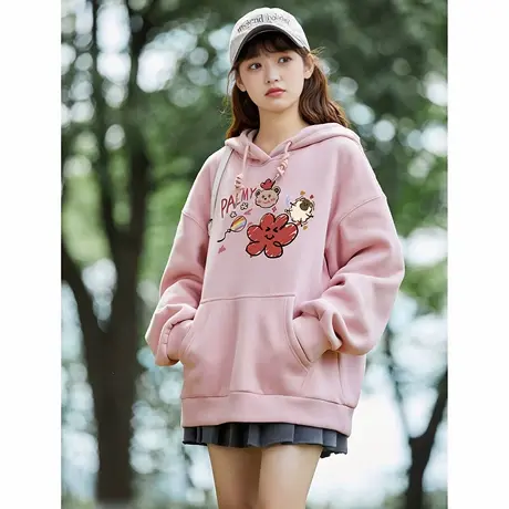 唐狮秋冬新款女连帽卫衣粉色趣味涂鸦少女宽松休闲初中生帽衫TD图片