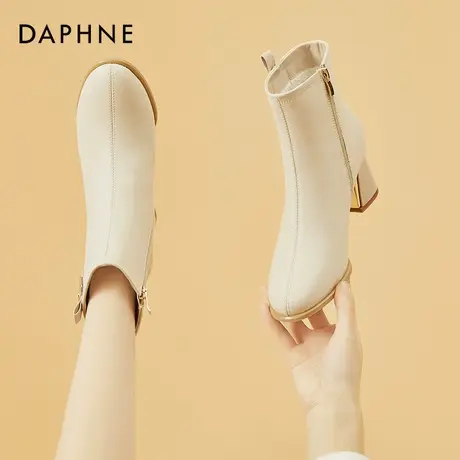 达芙妮短靴女粗跟秋冬2026新款法式短筒真皮白色瘦瘦靴高跟马丁靴商品大图